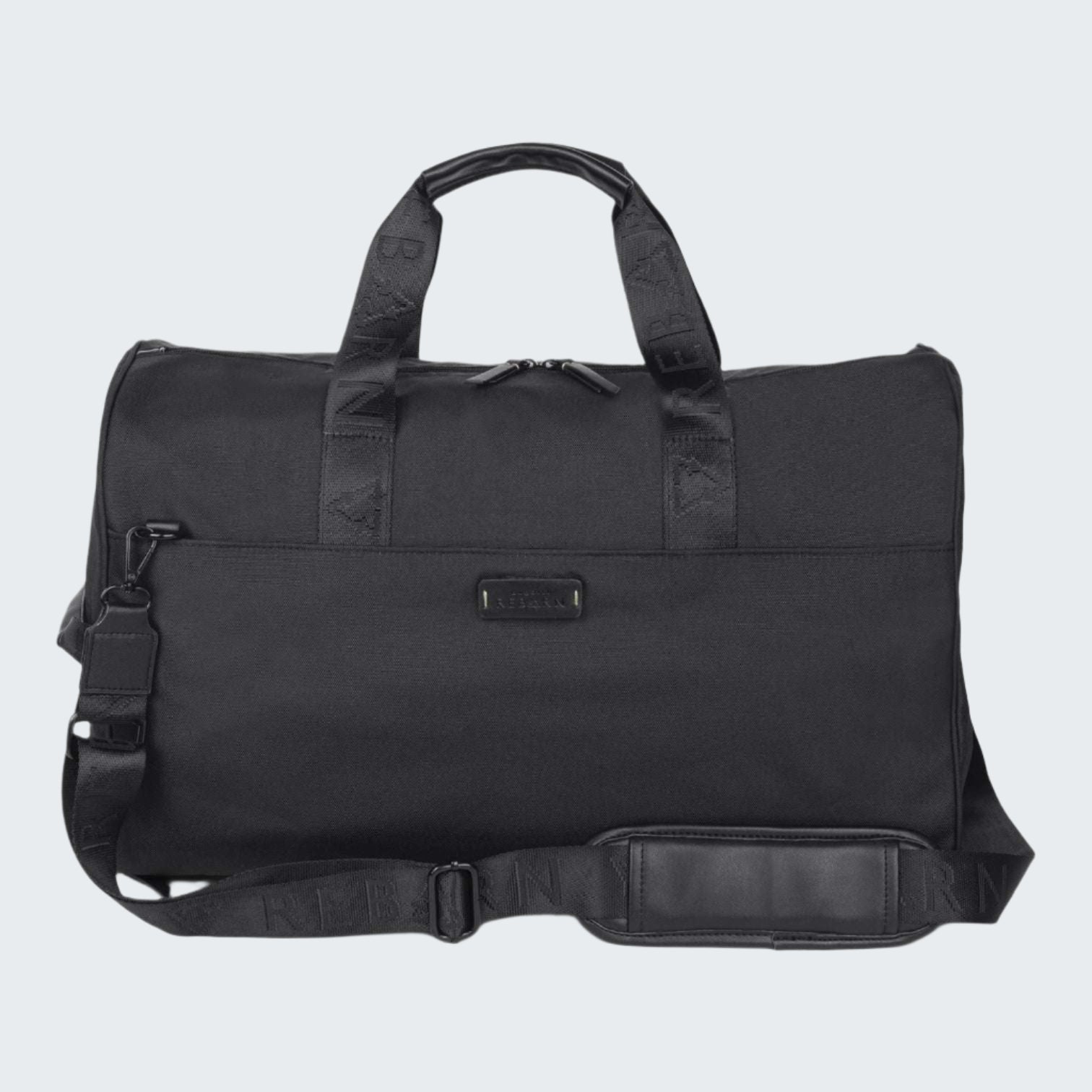 Black duffel bag with multiple straps on a white background