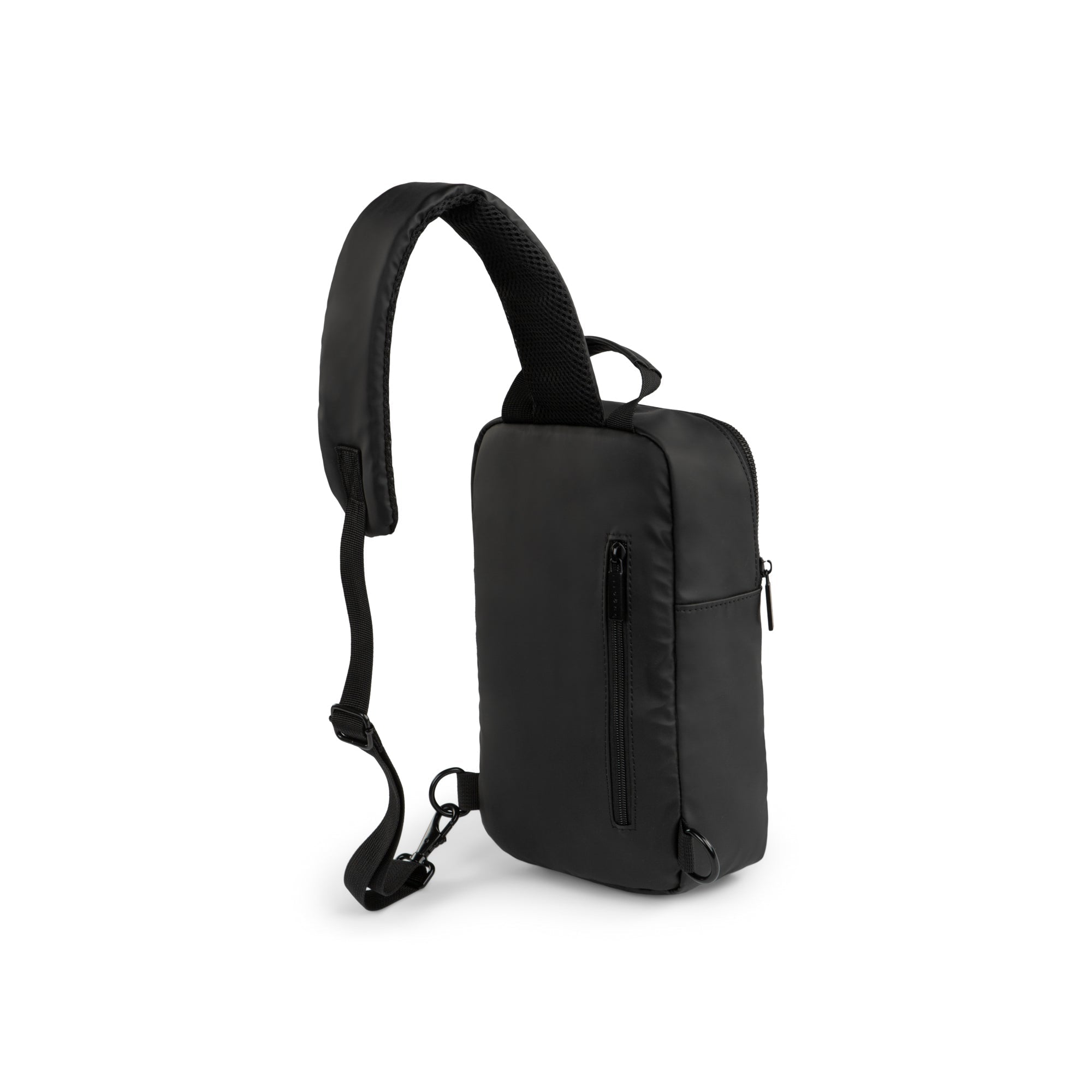 Black sling bag on a white background