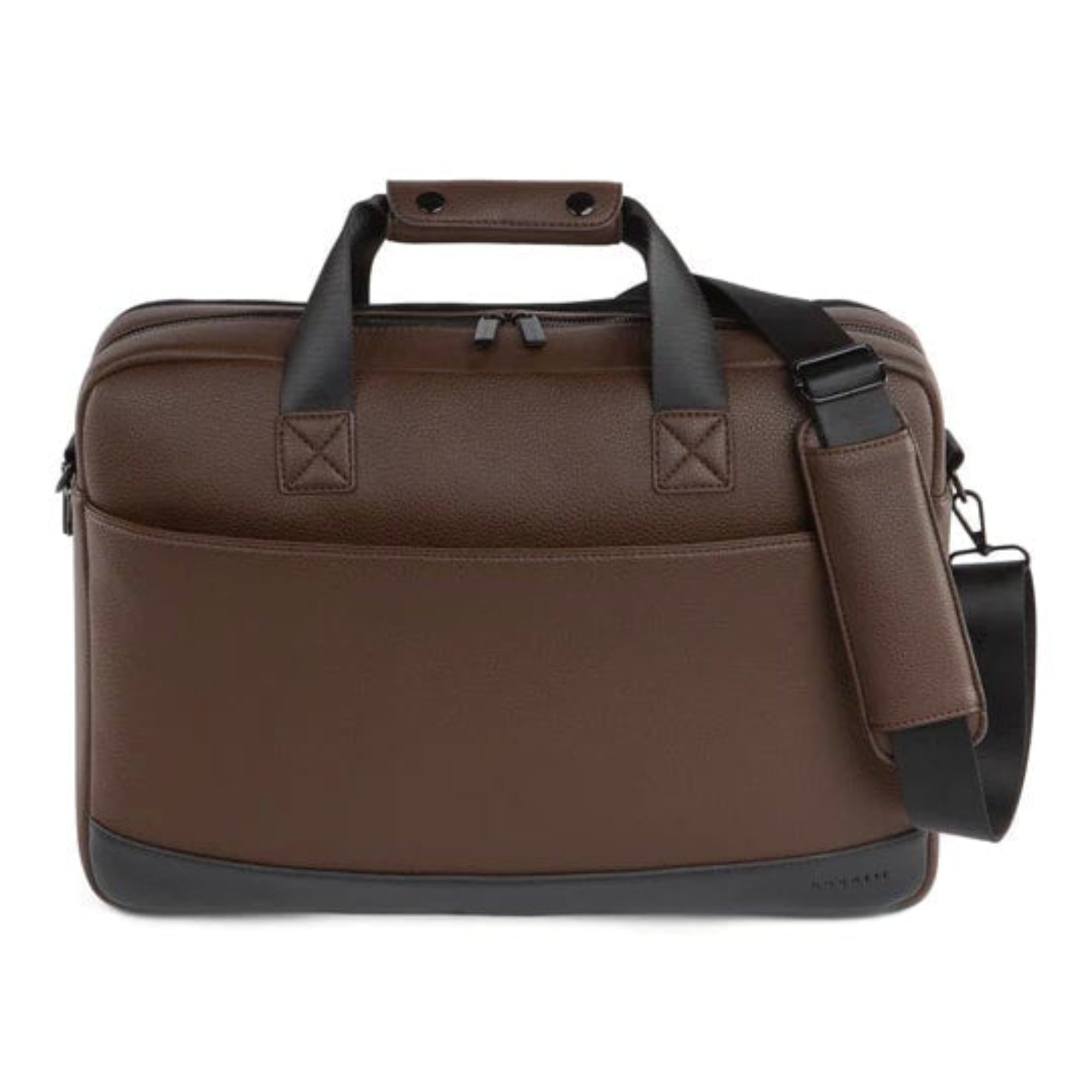 Brown leather briefcase with black accents on a white background