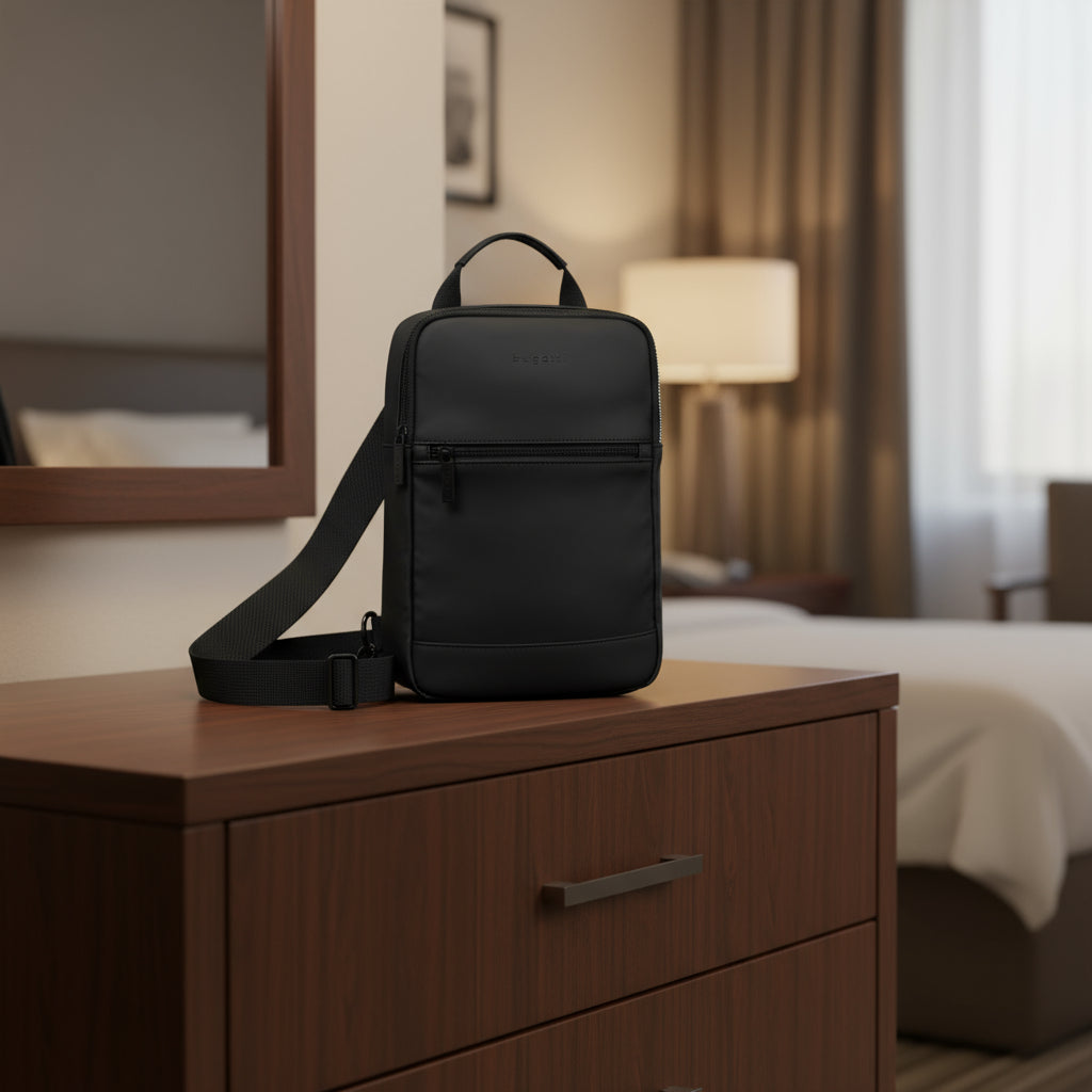 Black sling bag on a white background