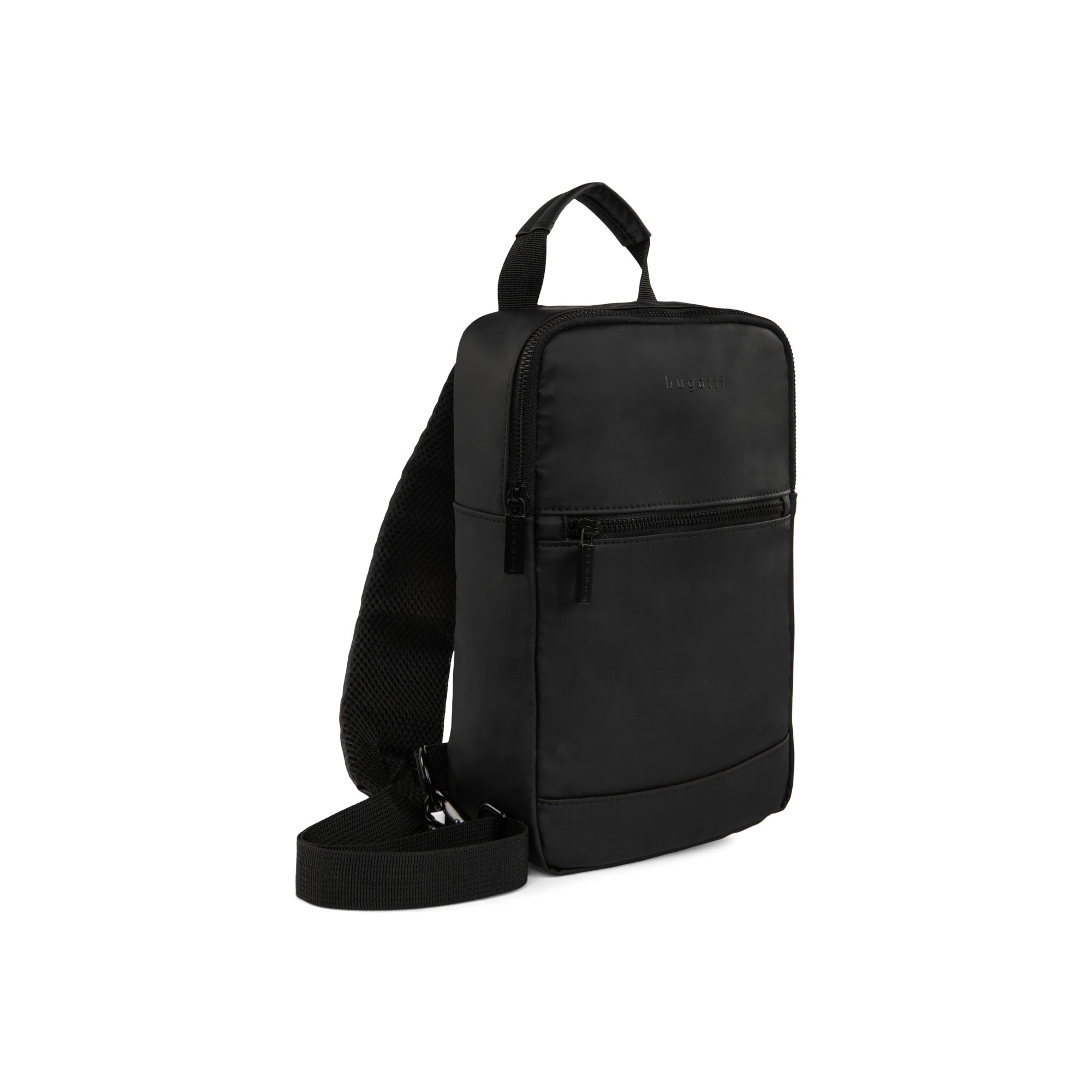 Black sling bag on a white background