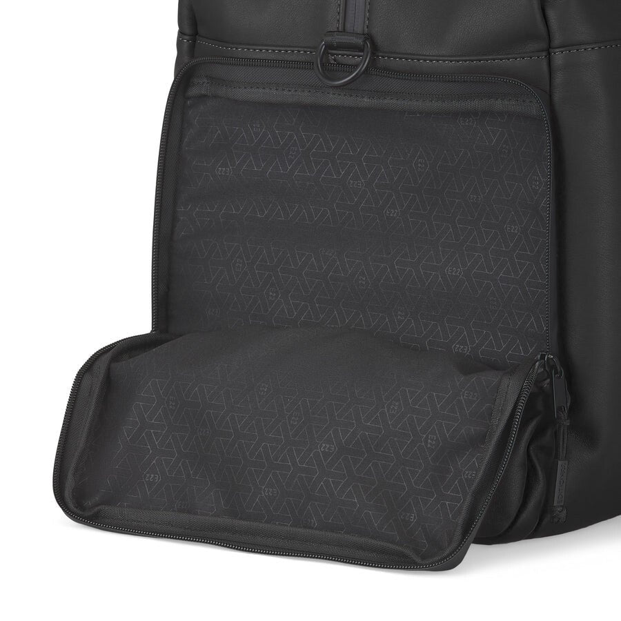 Black backpack with geometric pattern on a white background