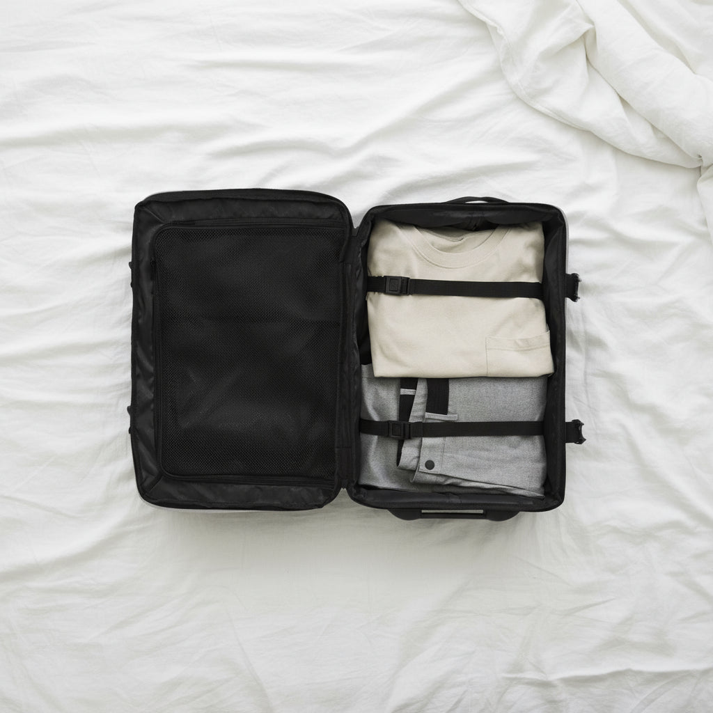 Black travel bag with clothes neatly packed inside on a white background