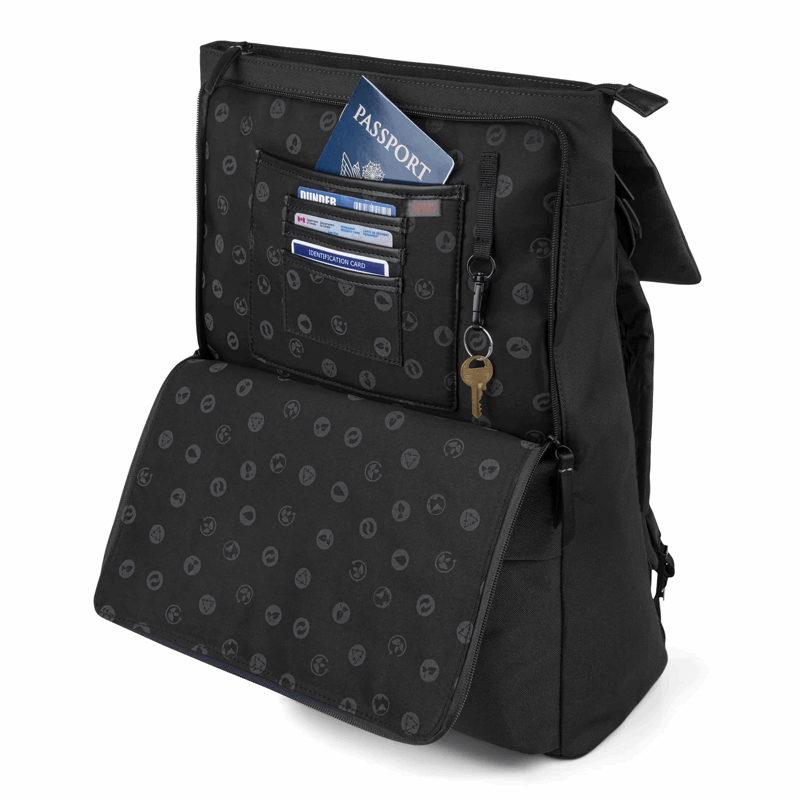 Black backpack with a front pocket containing a passport and cards on a white background