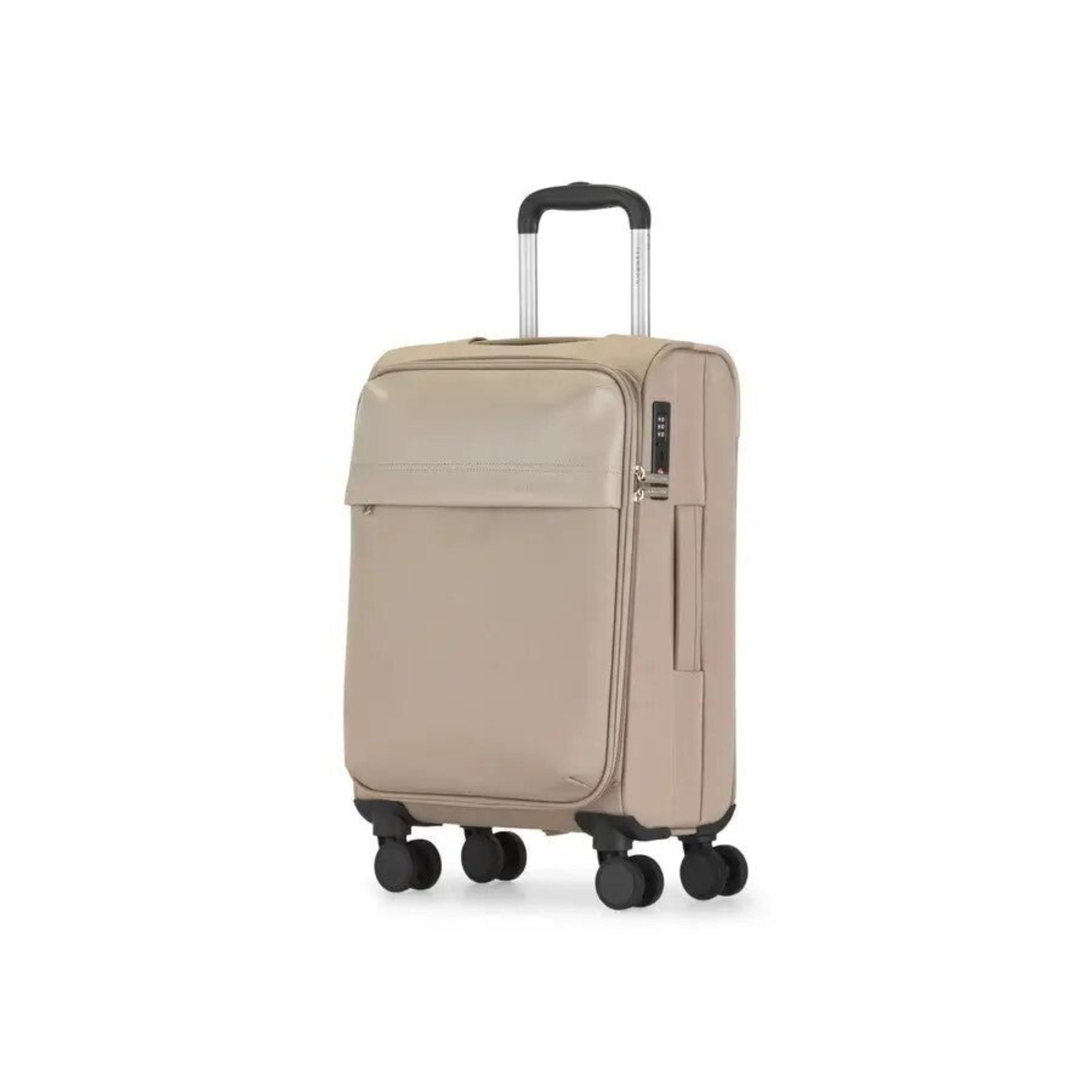 Beige suitcase with wheels on a white background