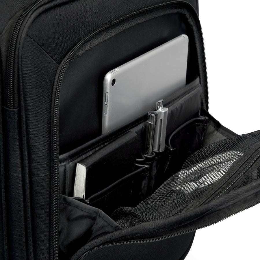 Black backpack with a compartment holding a tablet and USB drive.