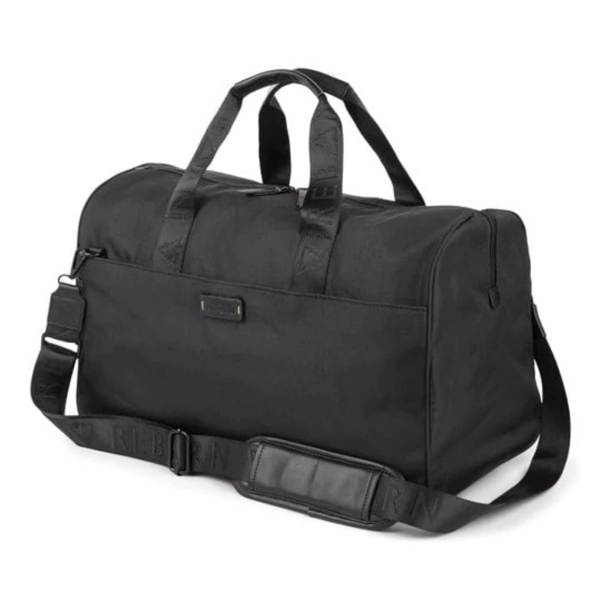 Black duffel bag with shoulder straps on a white background