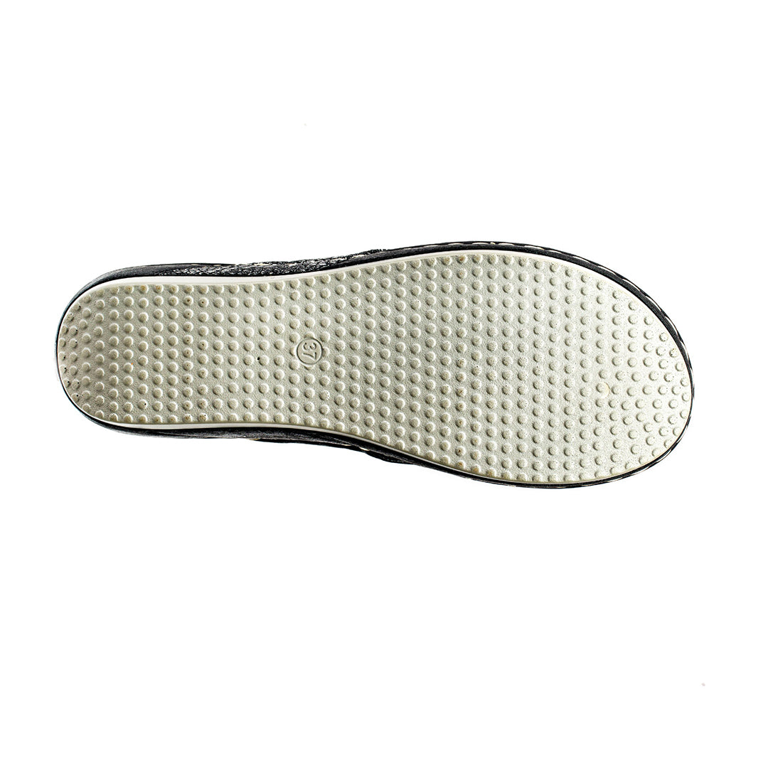 Close-up of a shoe sole with textured surface on a white background