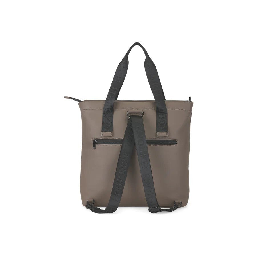 Brown tote bag with black straps on a white background