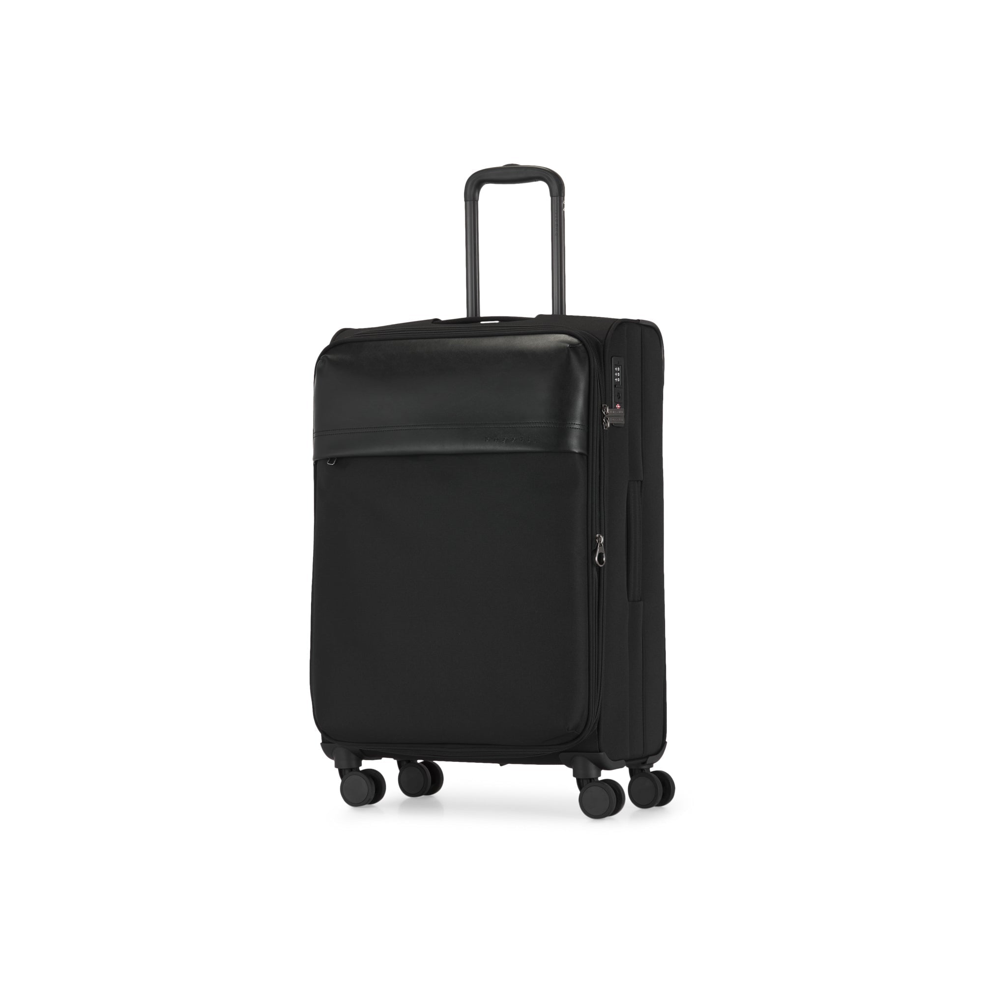 Black suitcase with wheels on a white background