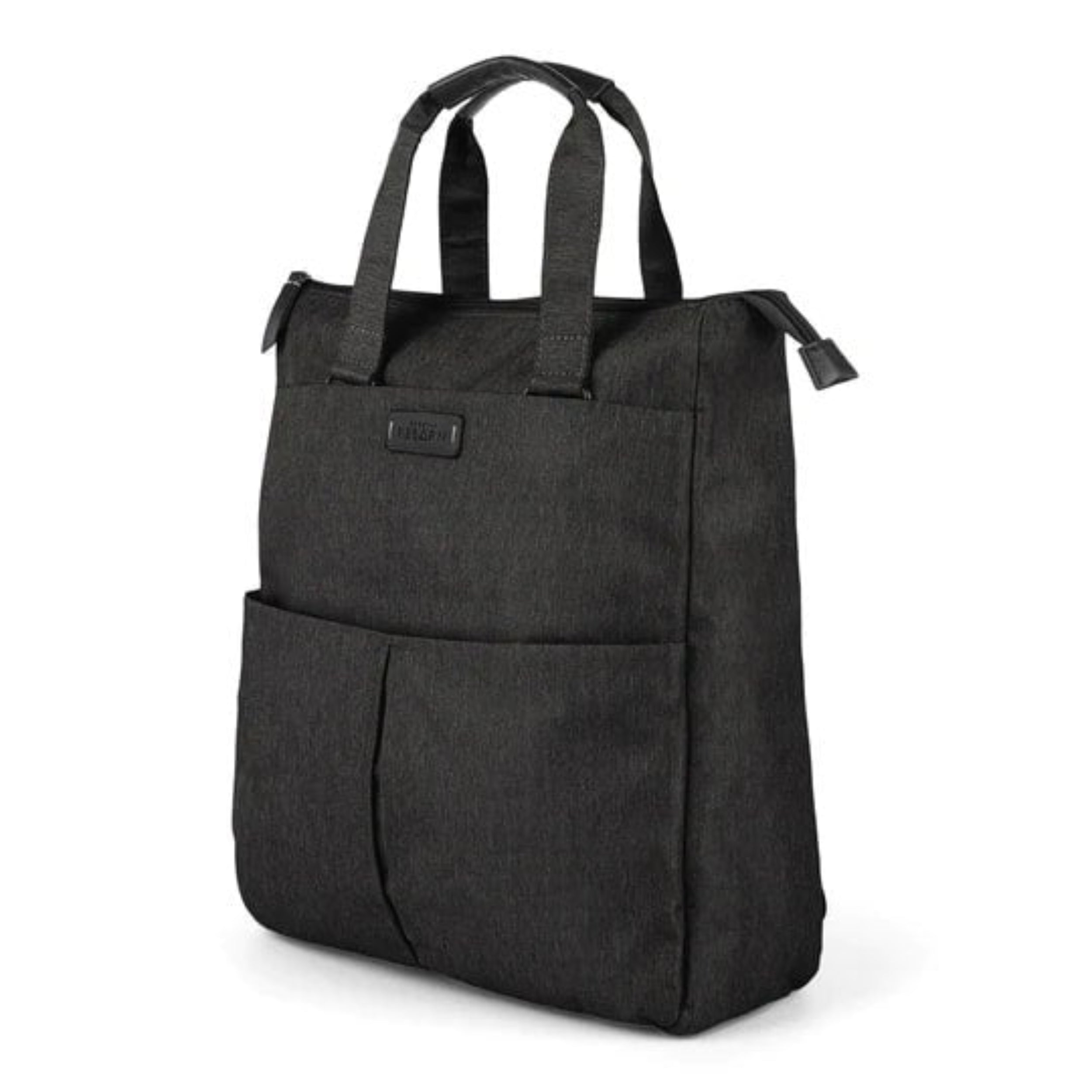 Black tote bag with a visible brand logo on a white background