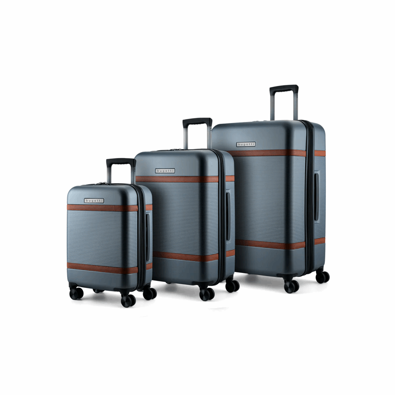Set of three gray suitcases with brown stripes on a white background