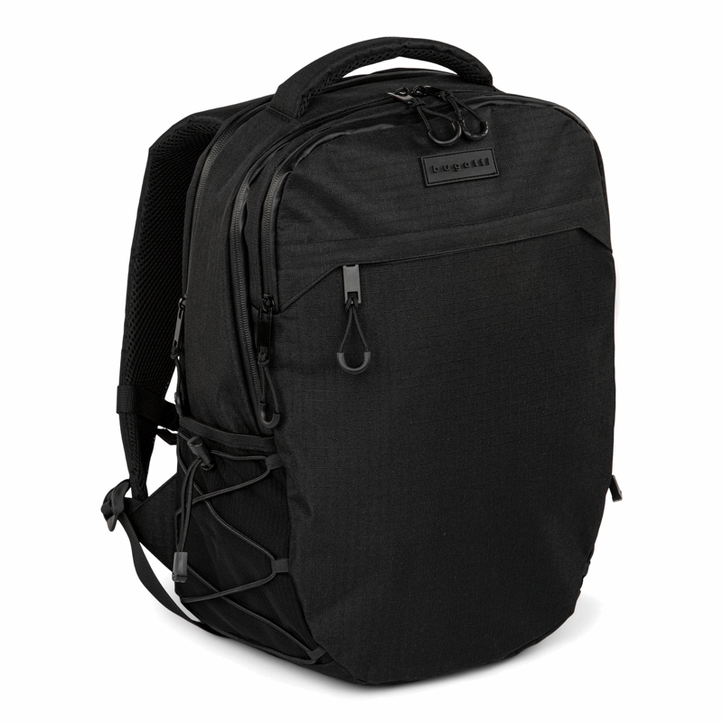 Black backpack with a visible brand logo on a white background