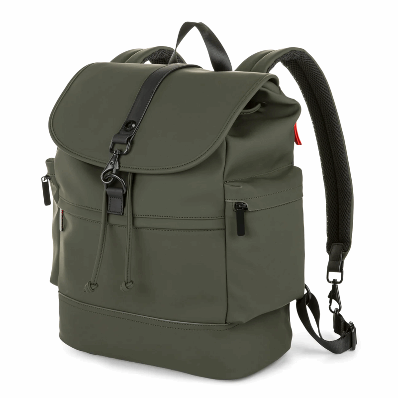 Green backpack with black straps on a white background