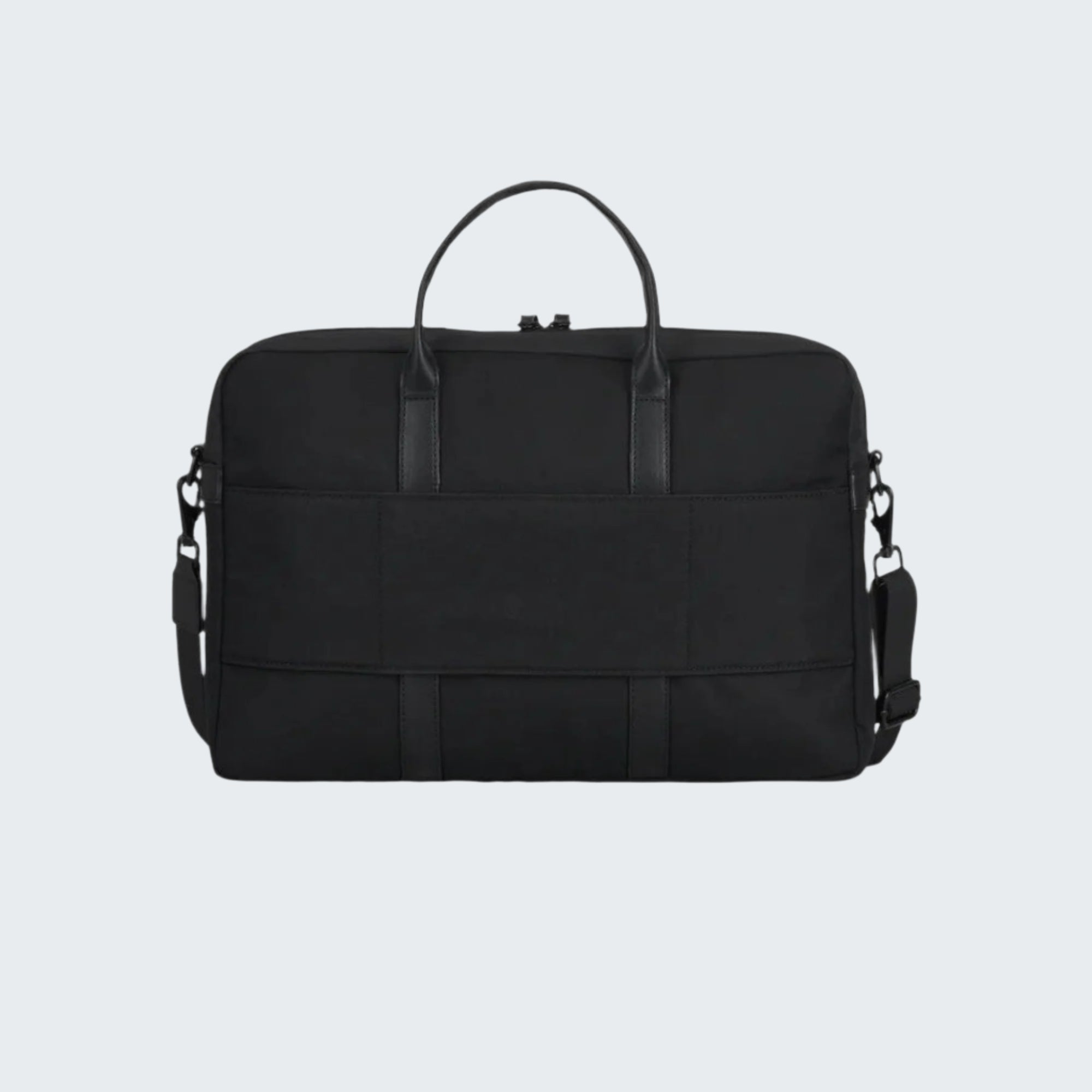 Black travel bag with multiple straps on a white background