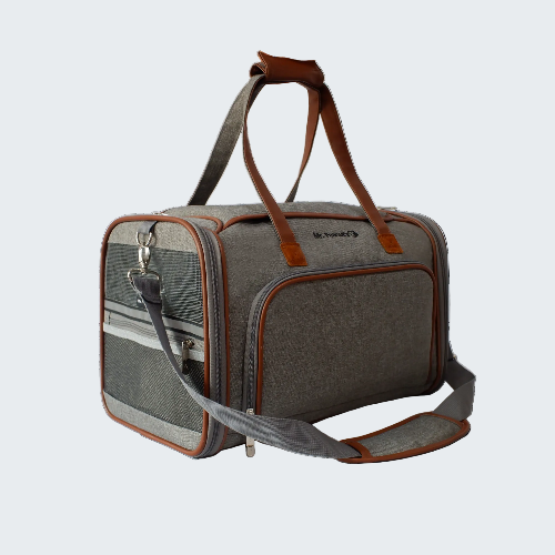 Gray pet carrier with brown accents on a white background