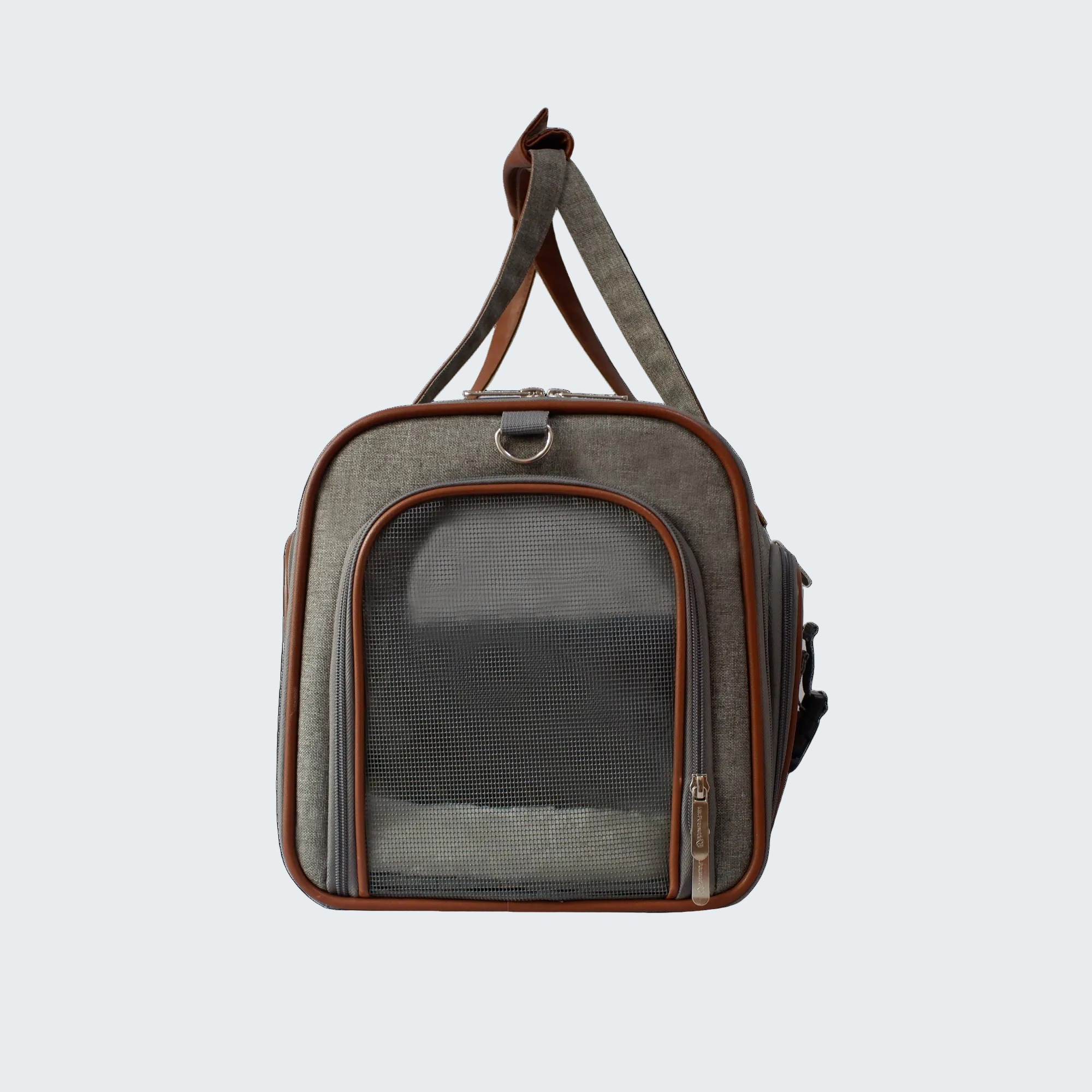 Pet carrier with mesh front panel on a white background