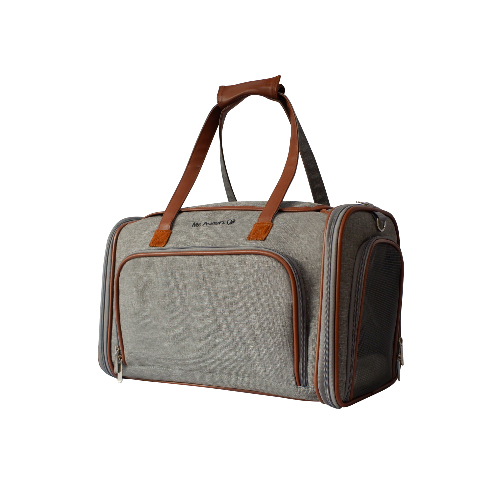 Gray pet carrier with brown accents on a white background