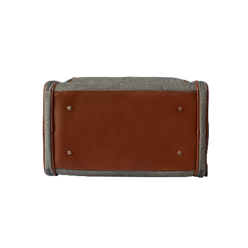 Rectangular pouch with brown leather front and gray fabric sides on a white background