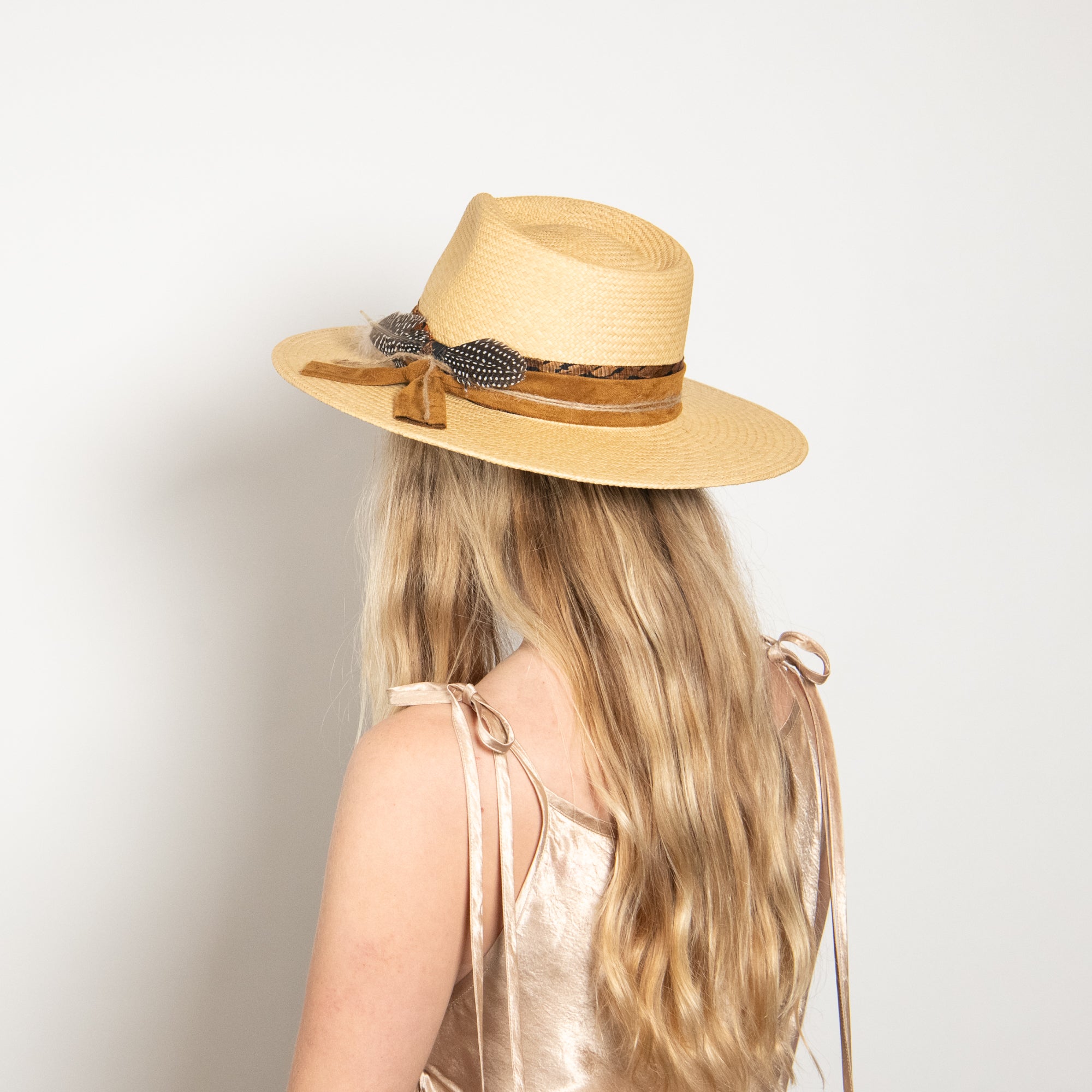 Person wearing a straw hat with a decorative band on a plain background