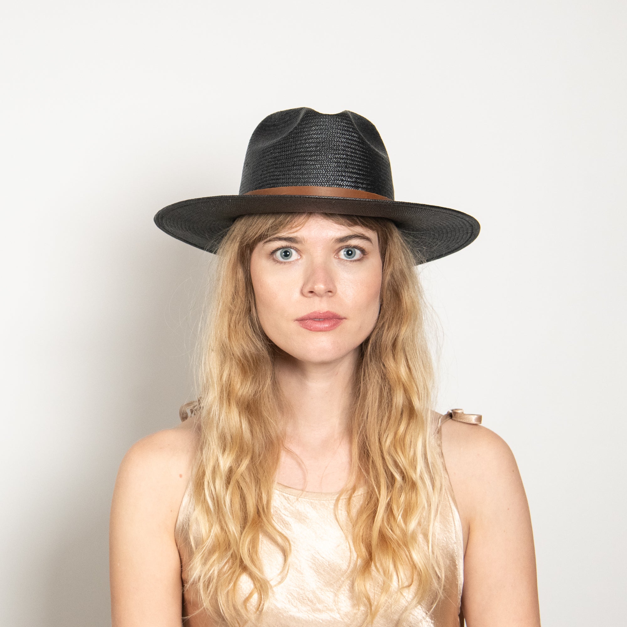 Woman wearing a black straw hat with a brown band against a plain background