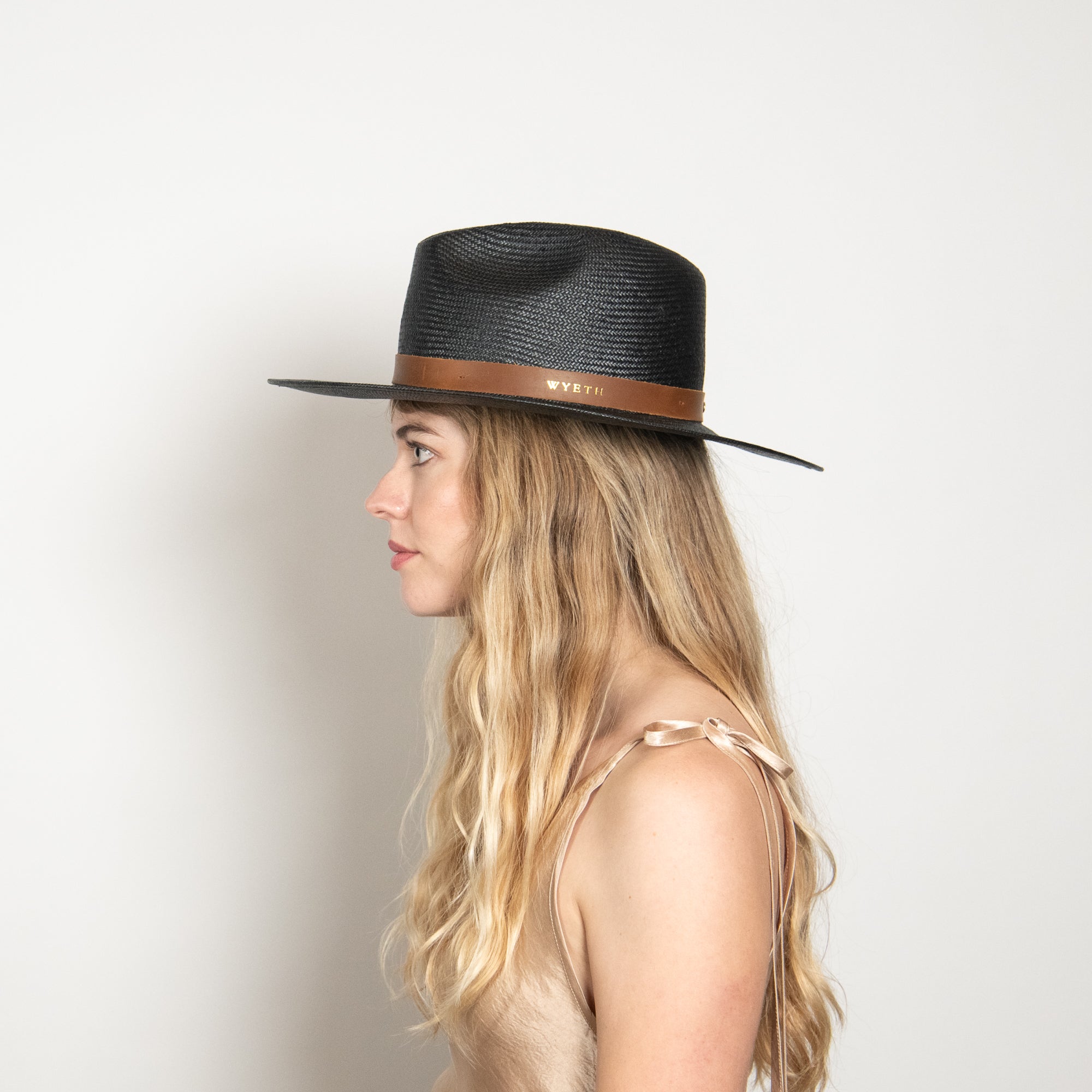 Woman wearing a black straw hat with a brown band on a light background