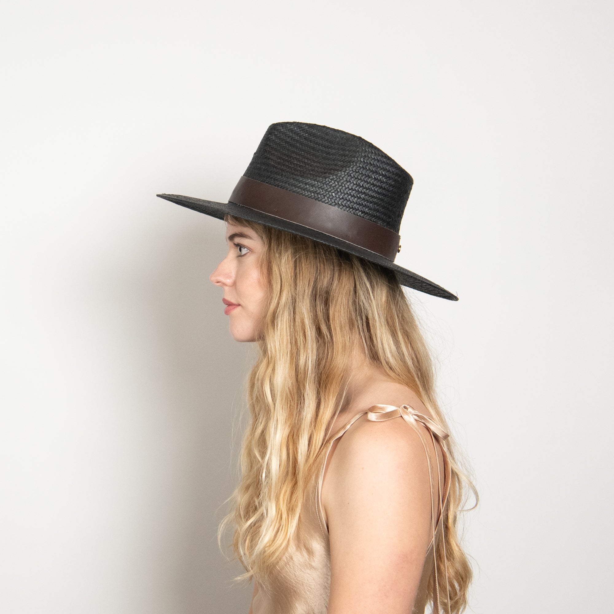 Woman wearing a black straw hat with a brown band on a light background