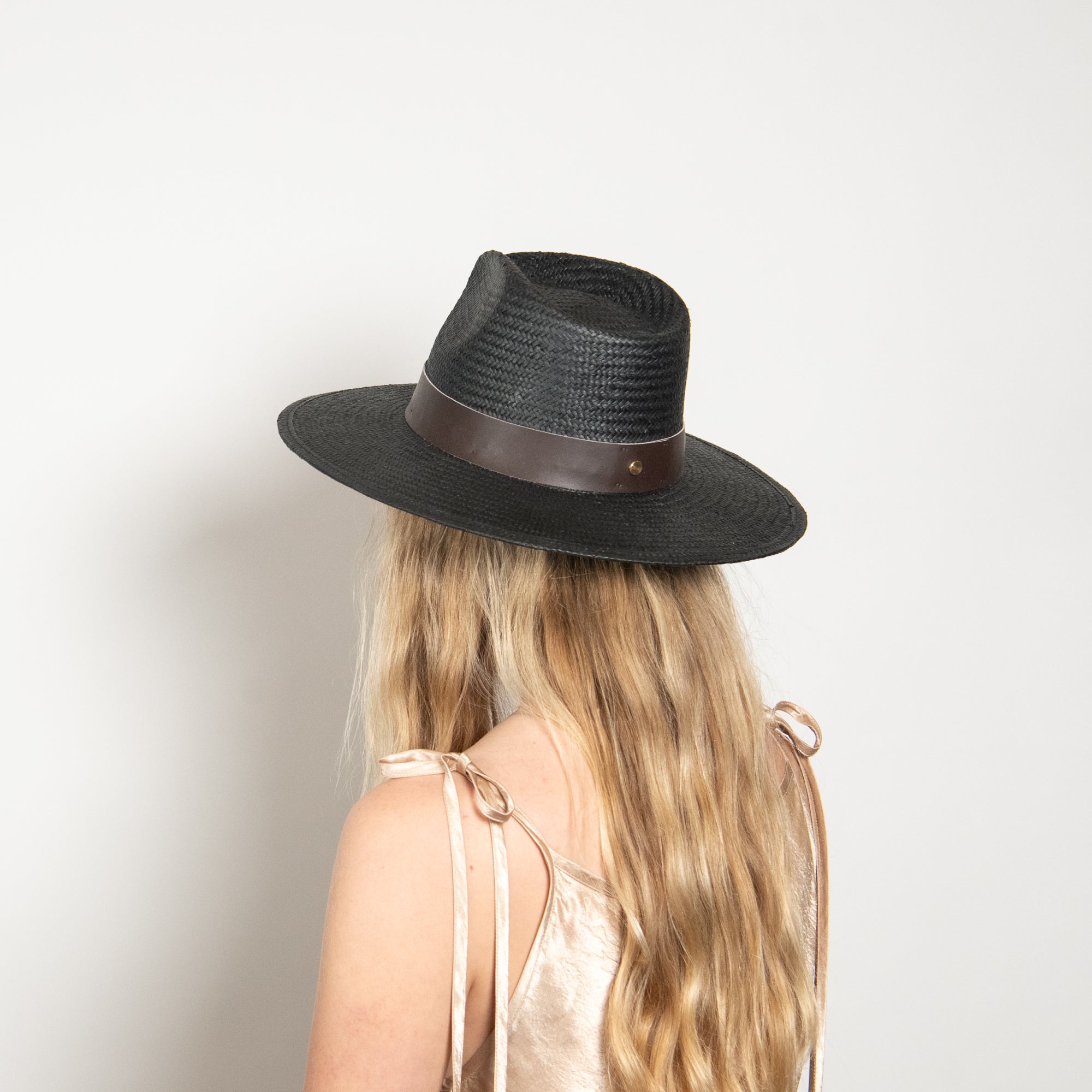 Person wearing a black straw hat with a brown band on a plain background