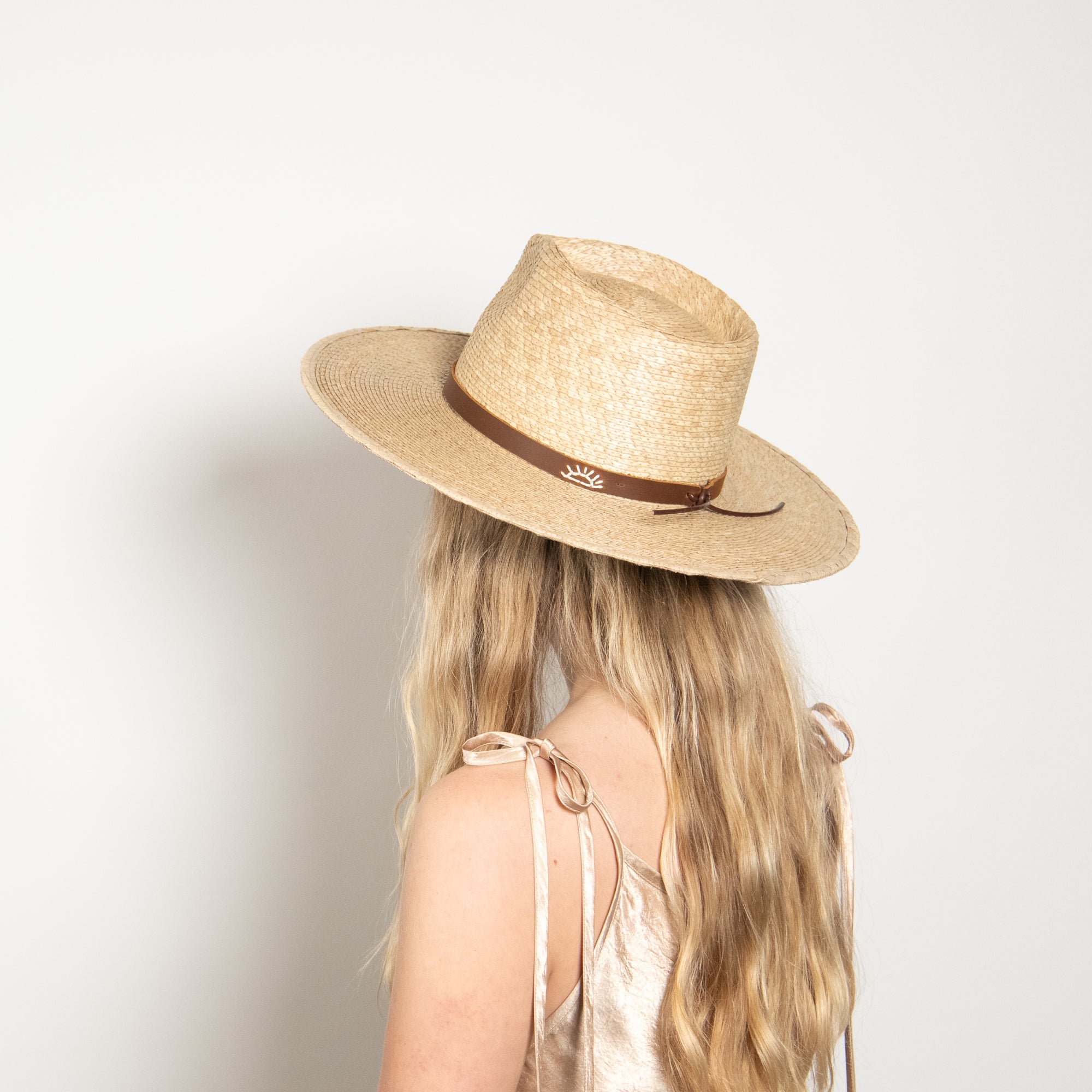 Person wearing a straw hat with a brown band on a plain background