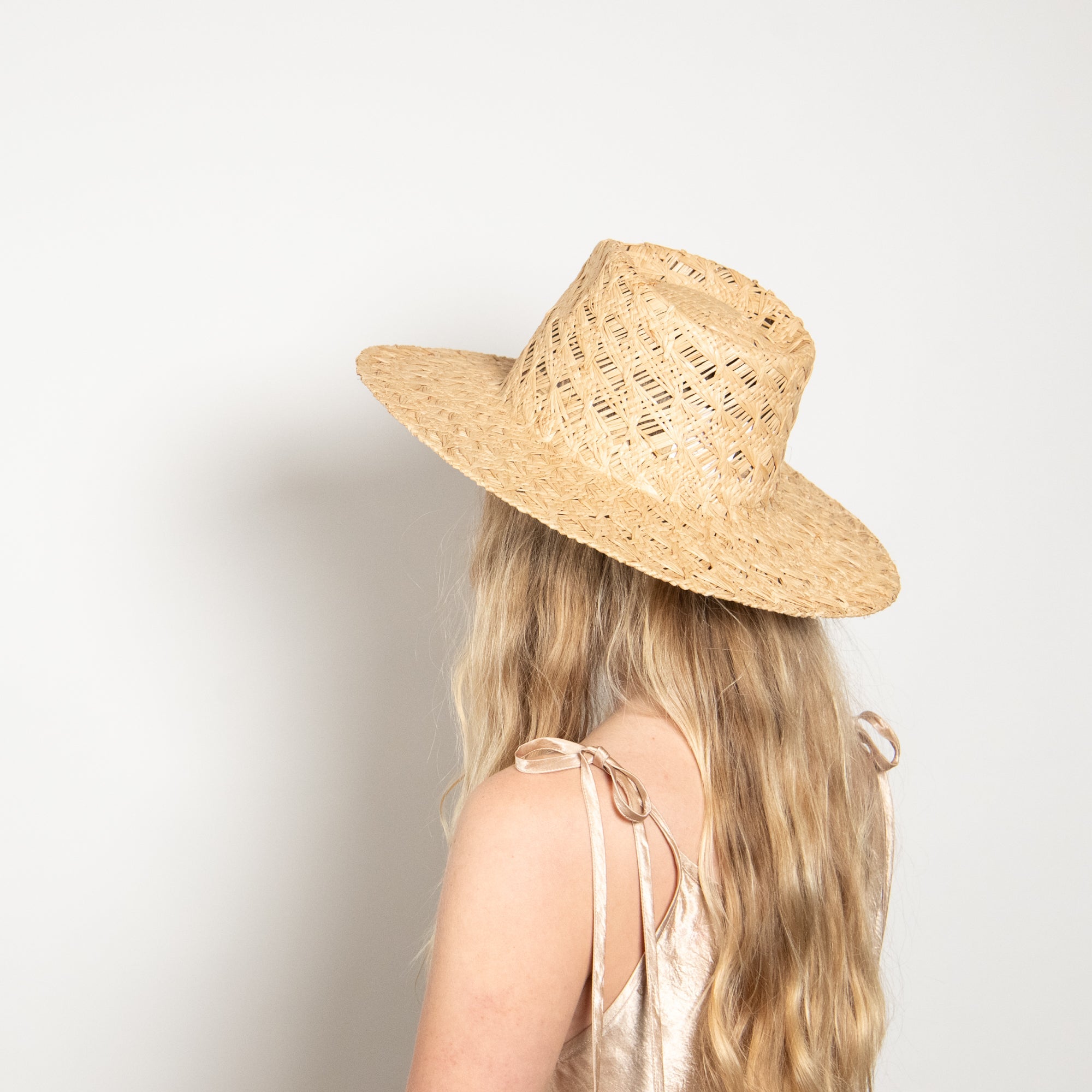 Person wearing a straw hat on a plain background