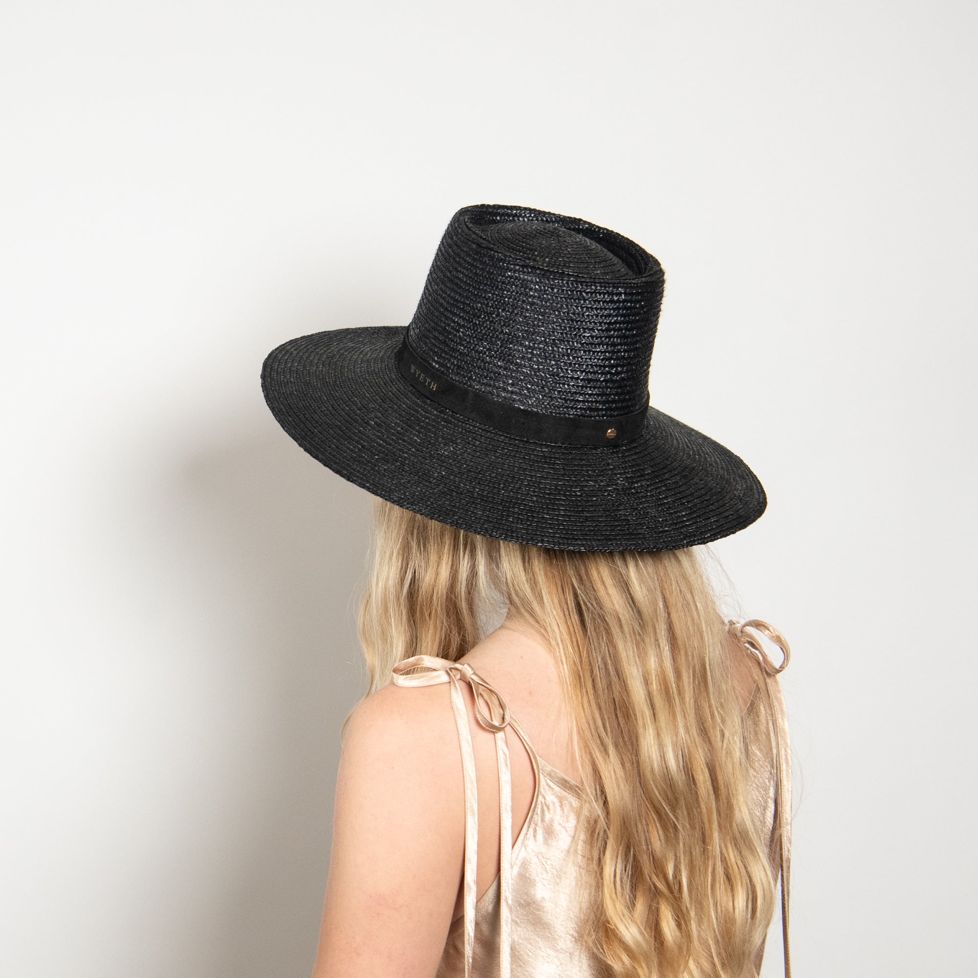 Person wearing a black straw hat on a plain background