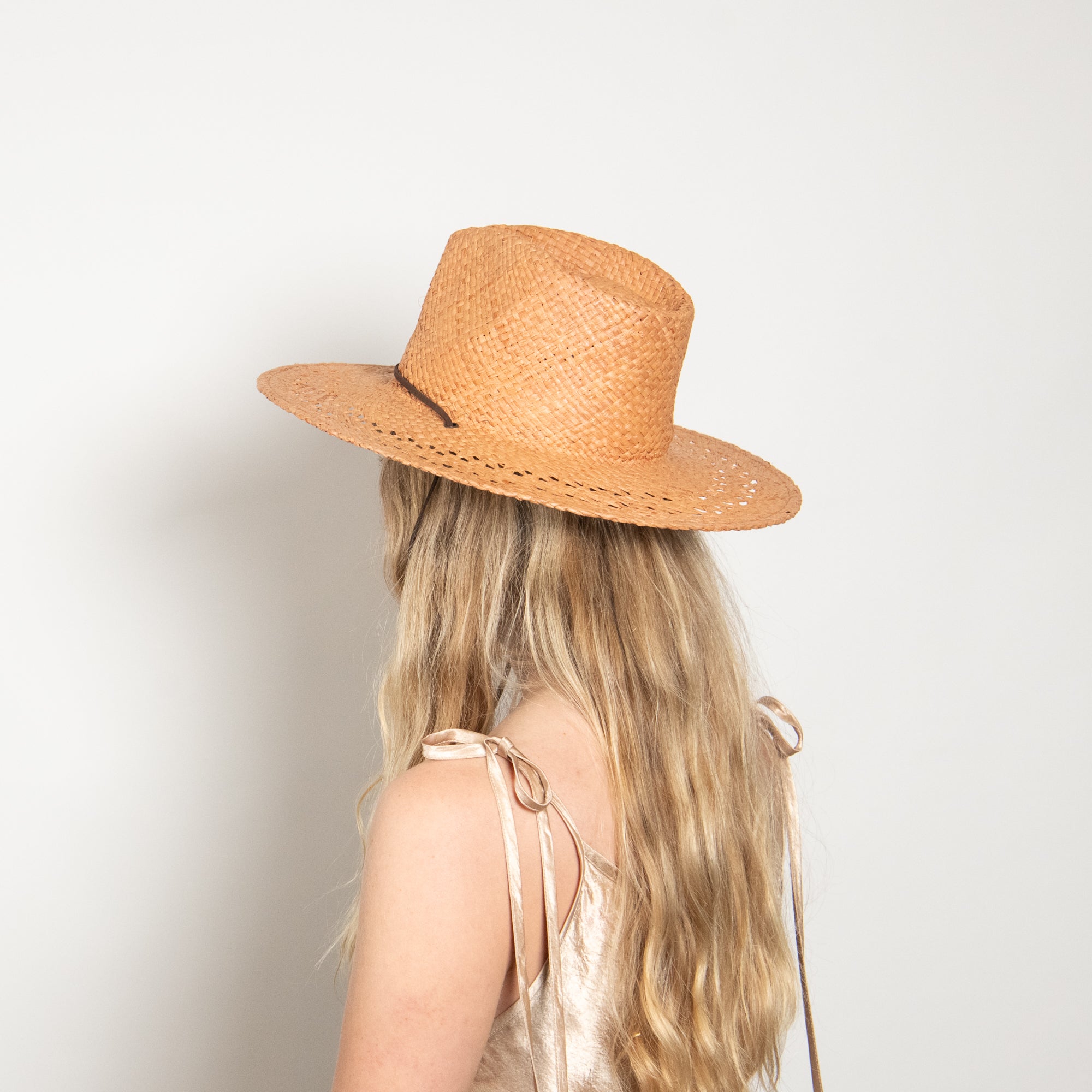 Person wearing a straw hat on a plain background