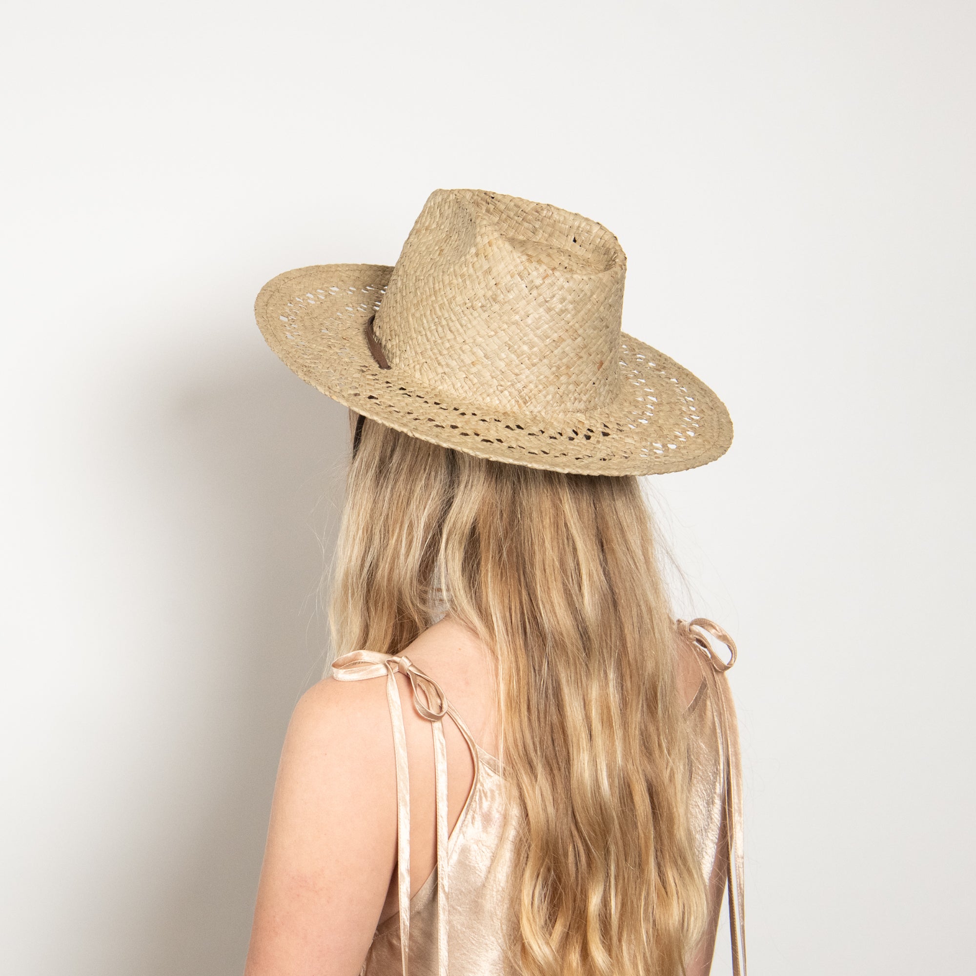 Person wearing a straw hat with a plain background