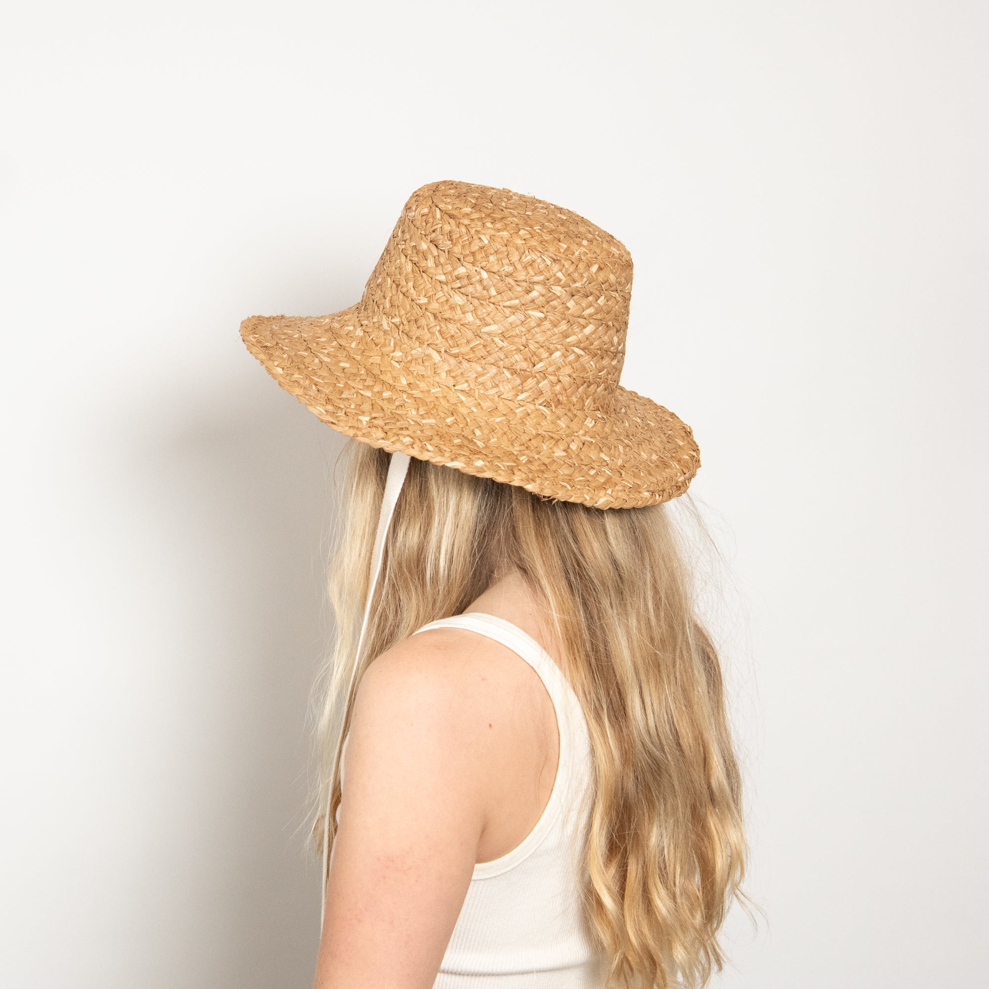 Person wearing a straw hat on a plain background