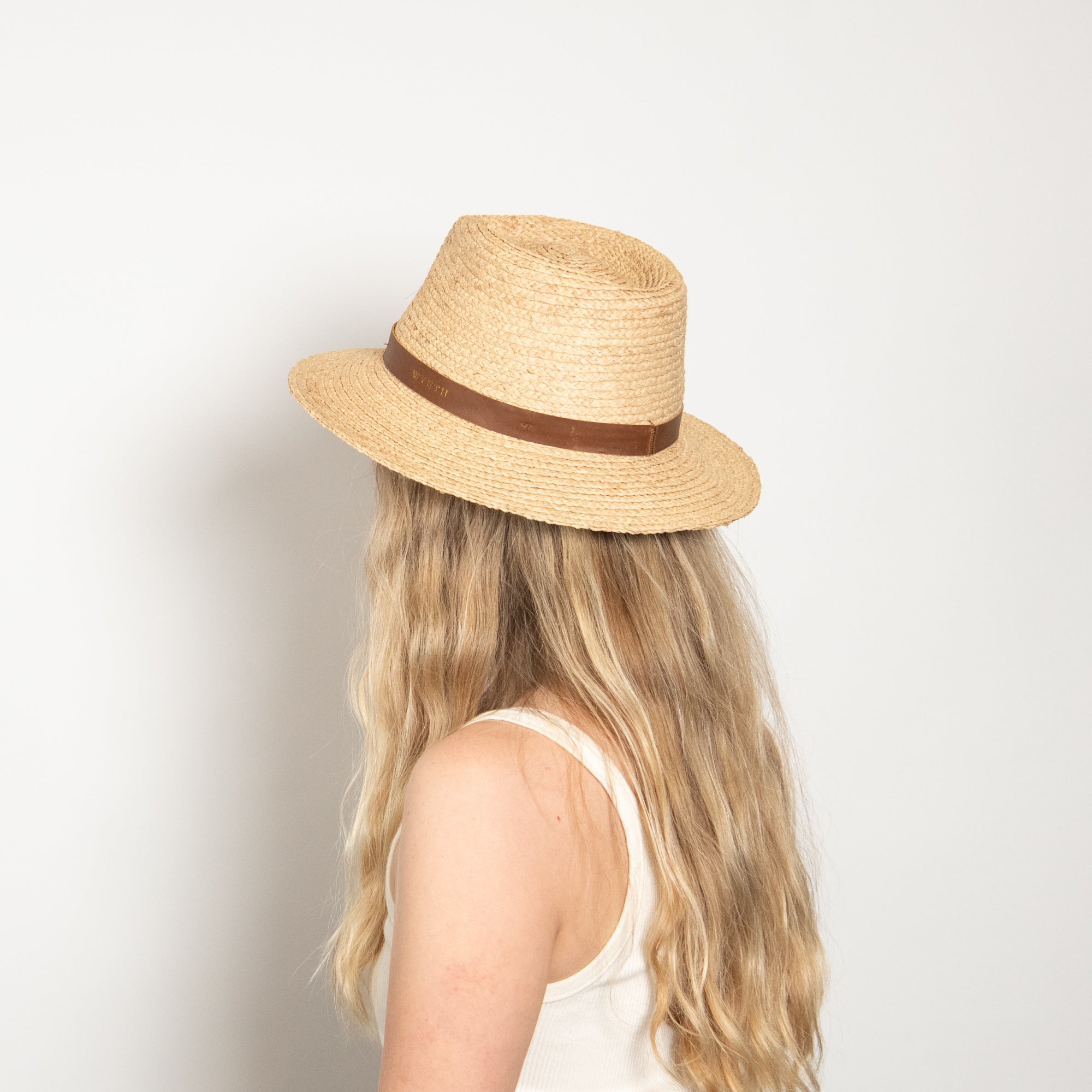 Person wearing a straw hat with a brown band on a plain background