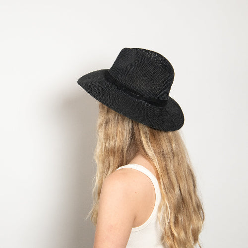 Person wearing a black fedora hat against a plain background