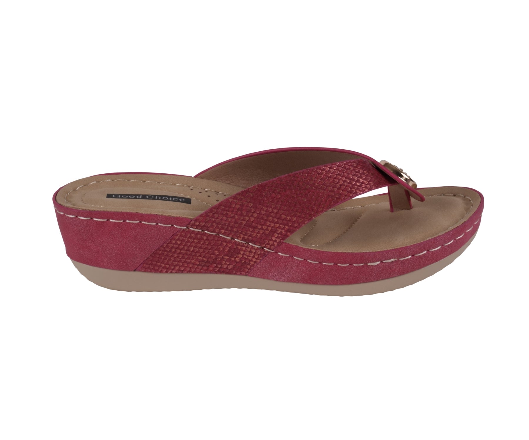 Red sandal with a beige sole on a white background