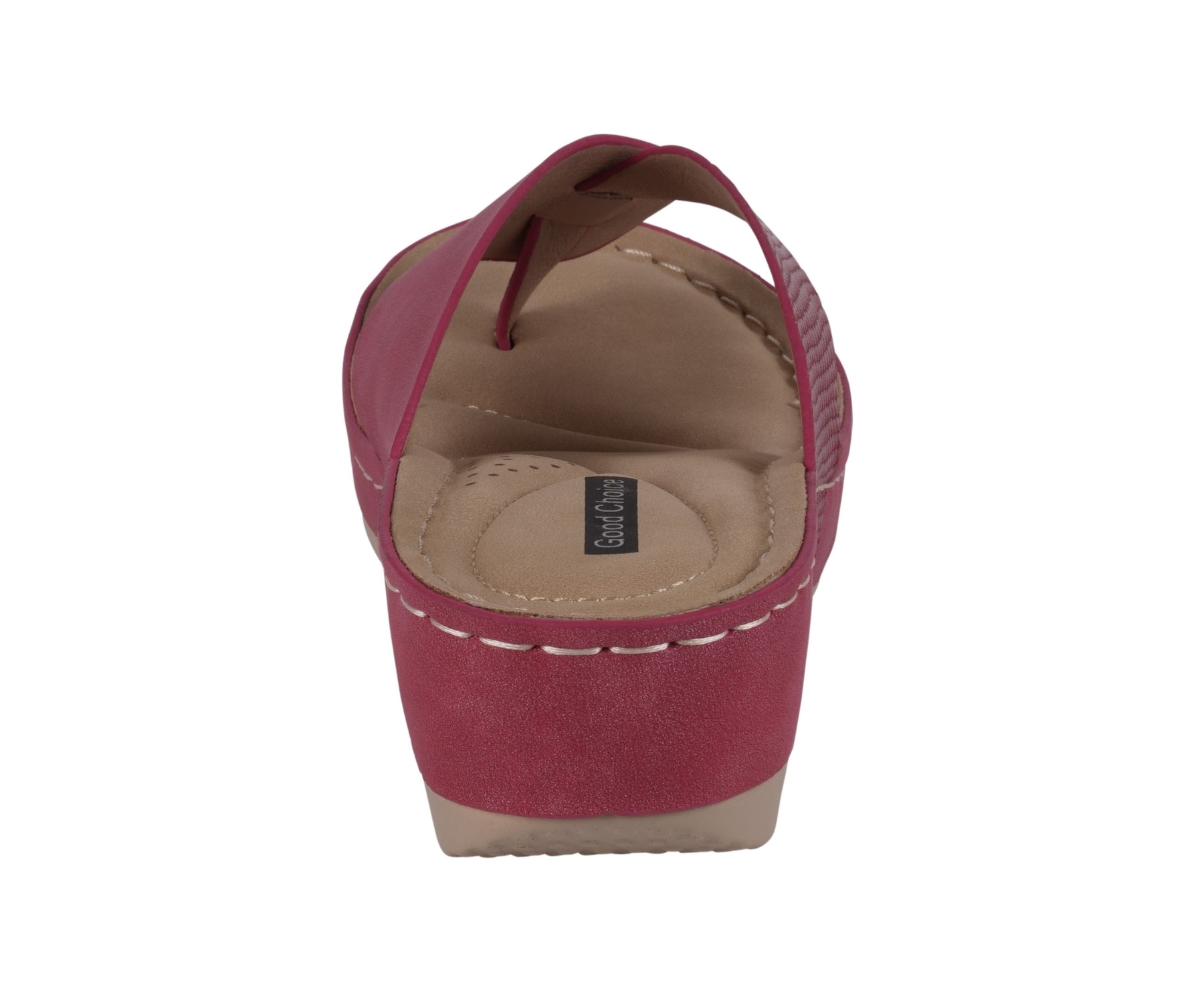 Pink wedge sandal with a brand logo on a white background