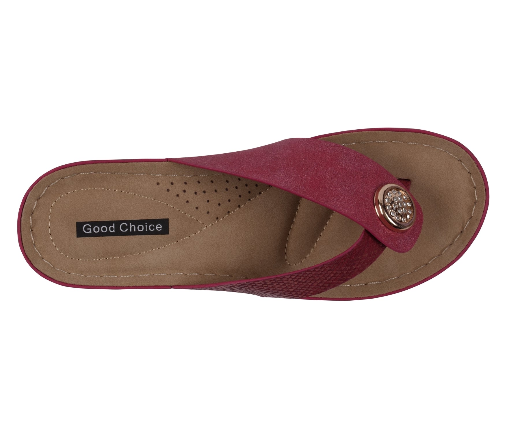 Red sandal with a 'Good Choice' label on a white background