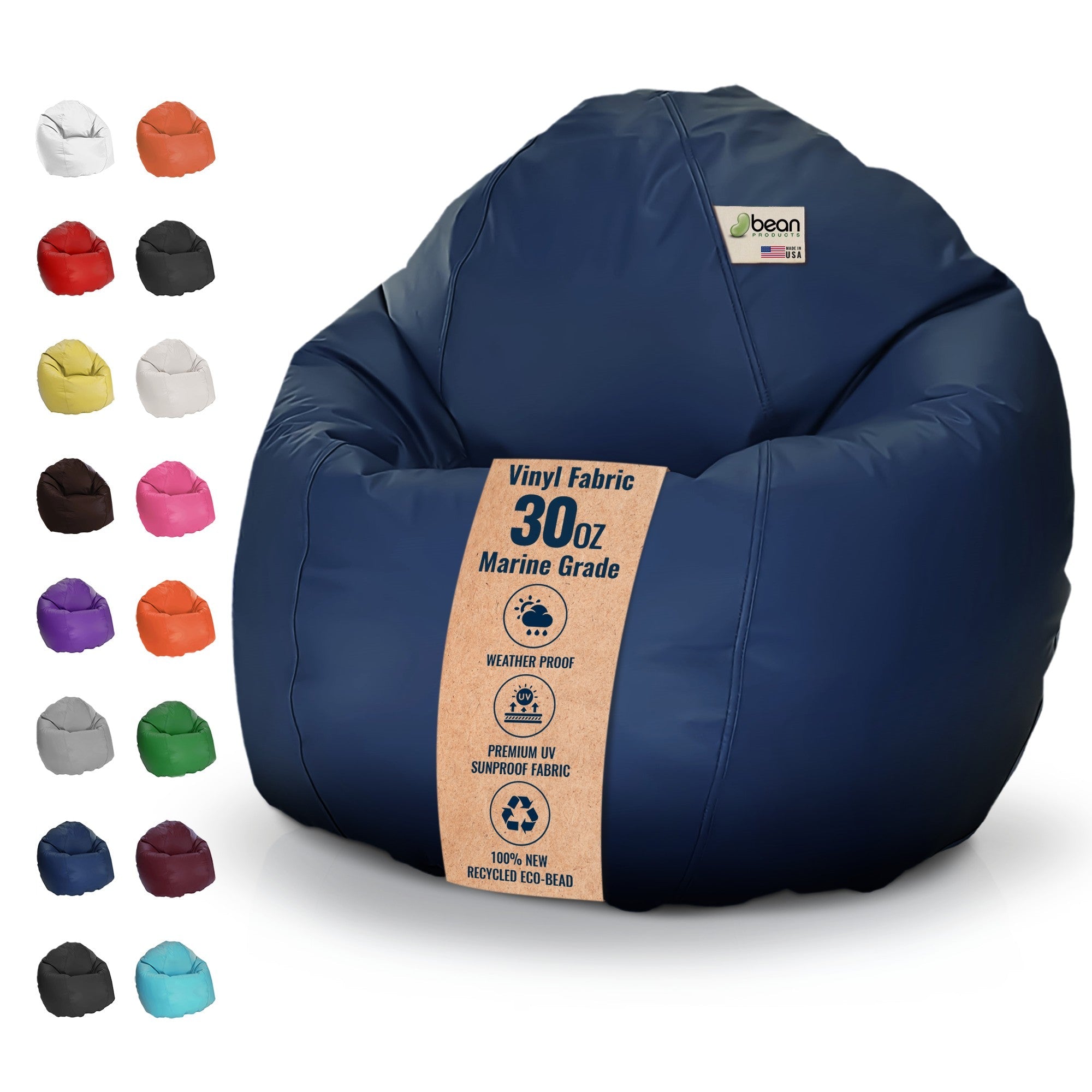 Blue bean bag chair with vinyl fabric label and color swatches on a white background