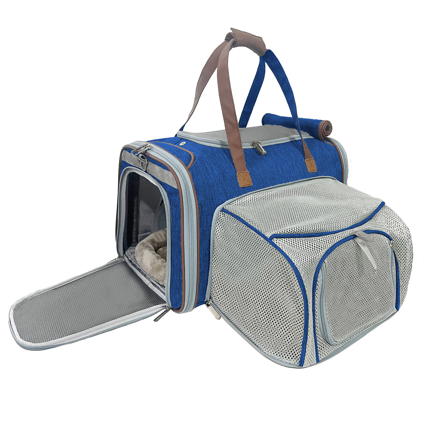 Pet carrier with blue and gray design on a white background