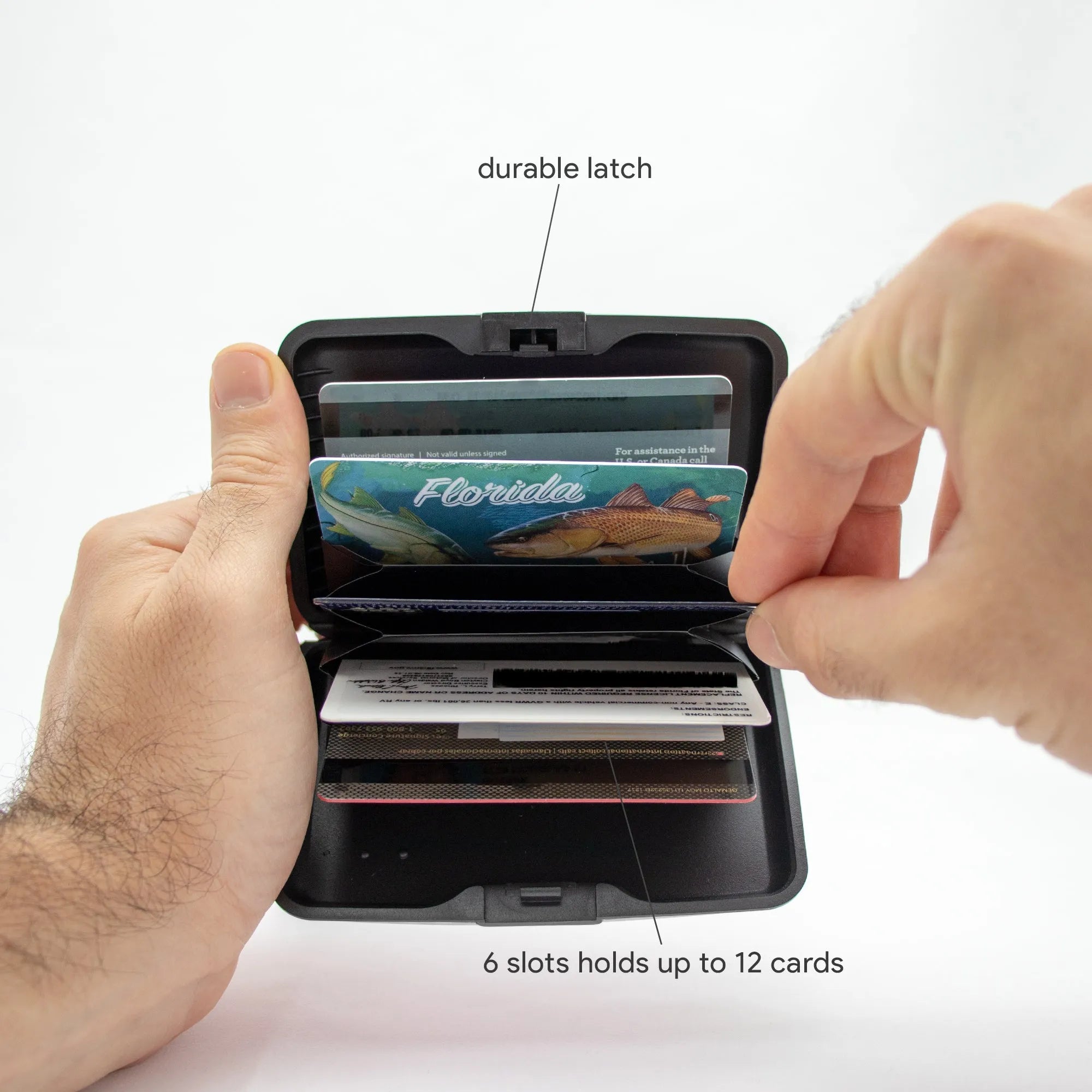 Cardholder with cards being inserted, labeled for durability and card capacity.