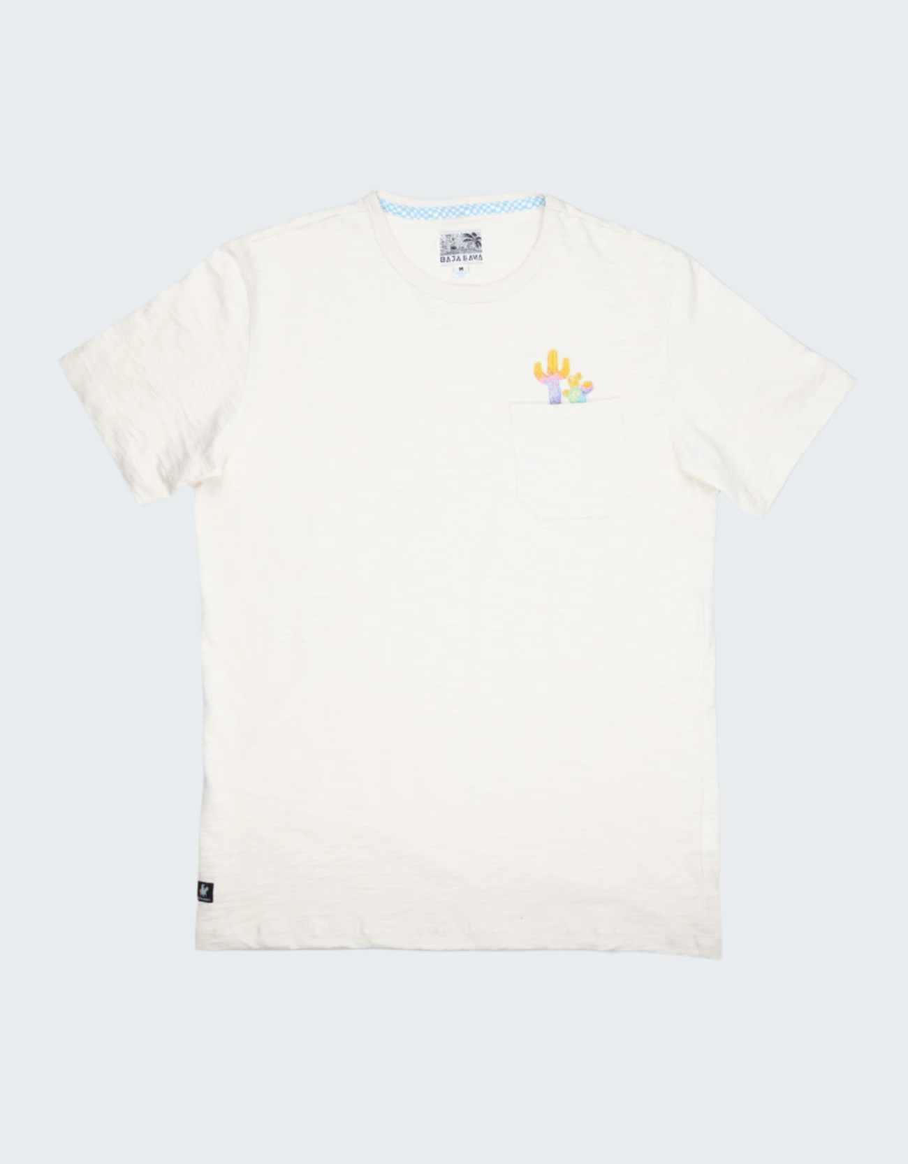 White t-shirt with colorful logo on a white background