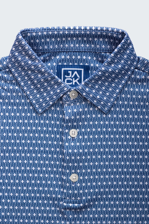 Blue patterned shirt with a brand logo on a white background