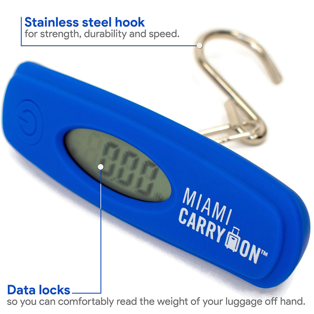 Blue digital luggage scale with stainless steel hook and 'Miami Carry On' branding.