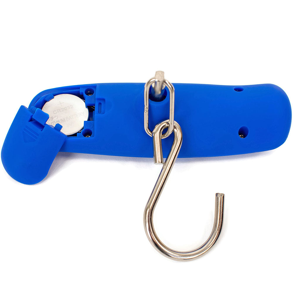 Blue plastic tool with a metal hook on a white background
