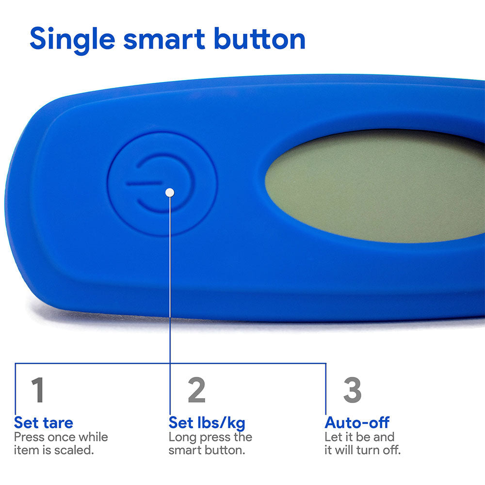 Blue digital scale with a single smart button and instructions on how to use it.
