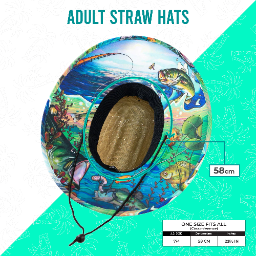 Colorful straw hat with fish design on a white and green background