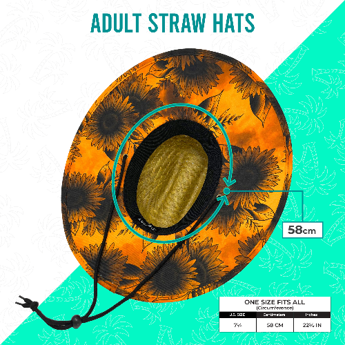Floral-patterned straw hat with measurement details on a green and white background