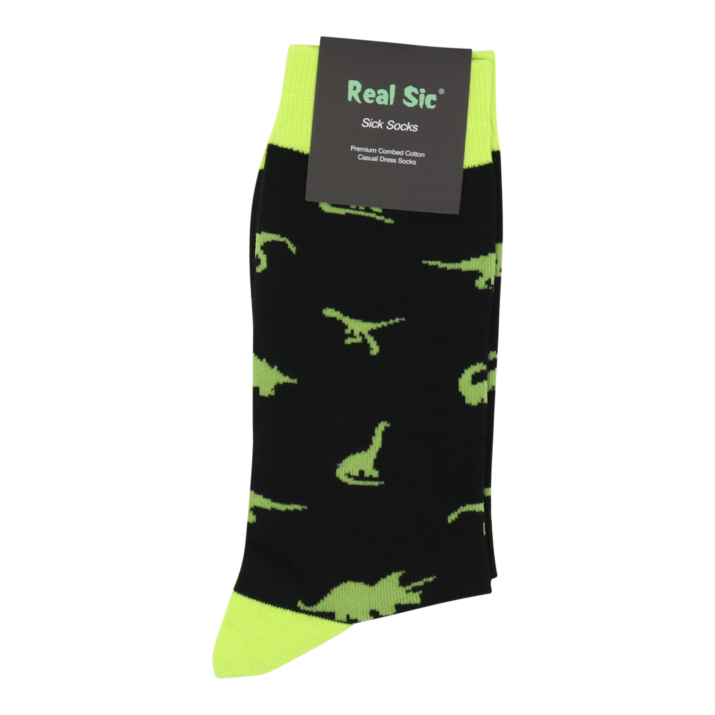 Black sock with green dinosaur pattern and 'Real Sic' packaging on a white background